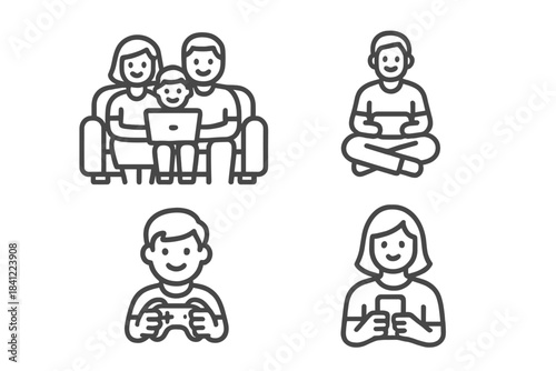 People using digital technology for leisure activities, including family watching laptop and individual gaming