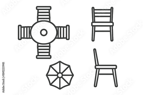Minimalist line style collection of patio furniture including table, chairs, and sun umbrella