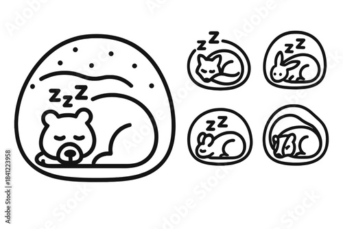 Simple black and white outline of wild animals sleeping for hibernation or rest