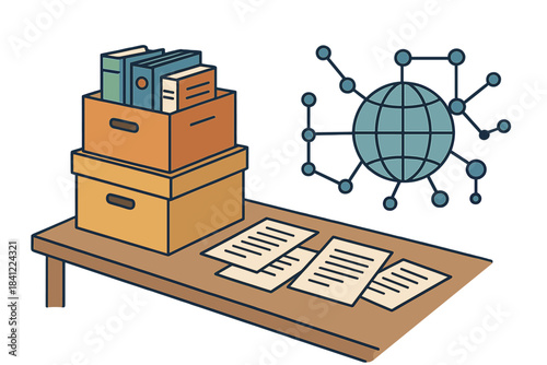 Desk surface with stacked archive boxes, documents, and a representation of worldwide data connection