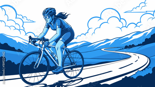 A woman in athletic gear cycles on a winding road through a scenic mountain landscape under a cloudy sky.