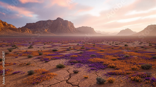 Desert Landscape under Sunset: A stunning desert landscape comes alive under the gentle embrace of a colorful sunset, with mountains and wildflowers enhancing its unique beauty.