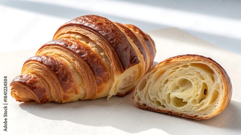 Fototapeta premium Freshly baked French croissant pastry on a white plate, a delicious sweet breakfast meal