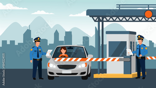 Two police officers at a checkpoint, stopping a car with a female driver, with a city skyline in the background.