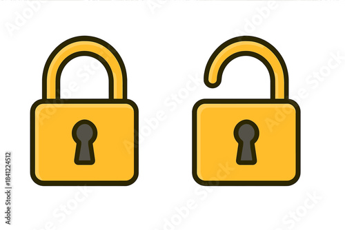 Yellow padlocks in locked and unlocked states representing digital security and access control