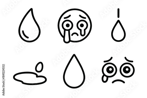Set of outline icons showing crying faces, tear drops, and water droplets