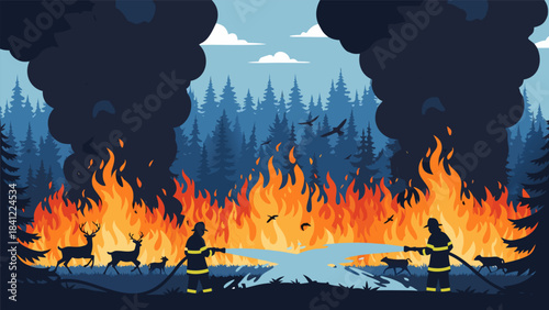 Firefighters battling a raging forest fire, with animals fleeing the flames and smoke billowing into the sky.