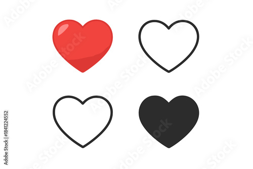 Set of four different heart symbols representing love, likes, favorites, and health