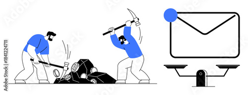 Data privacy, cybersecurity, mining operations, email security, digital communication, data balance. Two workers mining data, envelope on a scale. Data privacy and cybersecurity concept