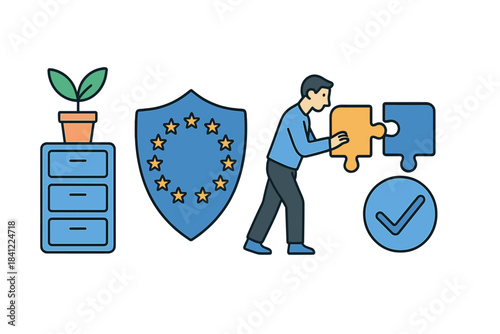 European Union regulation and compliance concept with a person solving a puzzle near a protective shield and checkmark