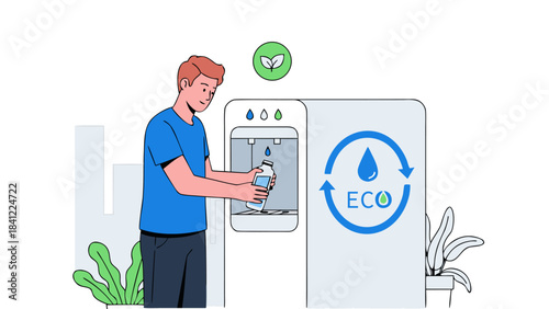 A man refills a reusable water bottle at an eco-friendly water dispenser, promoting sustainability.