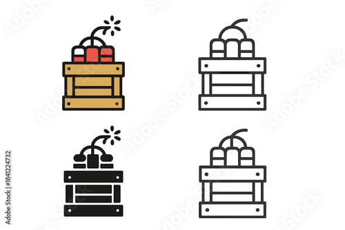 Set of dynamite sticks bundled together inside a wooden crate with a burning fuse