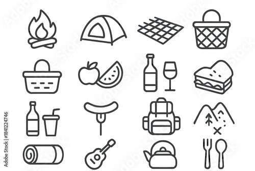 Outdoor recreation and summer activity symbols including camping, hiking, and picnicking elements