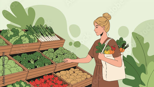 A young woman with blonde hair in a bun, wearing a brown dress, shops for fresh produce at a grocery store, selecting vegetables from wooden crates.