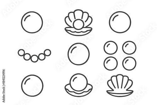 Minimalist natural pearls, open oyster shells, and simple jewelry elements in outline style