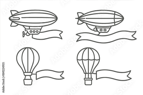 Vintage air transport featuring blimps and hot air balloons carrying blank ribbon banners