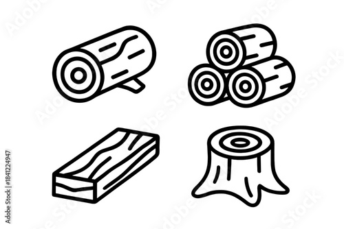 Outline symbols representing logs, stacked lumber, wood plank, and tree stump