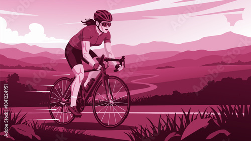 A woman in athletic gear cycles on a road with a scenic mountain landscape and a winding river in the background.