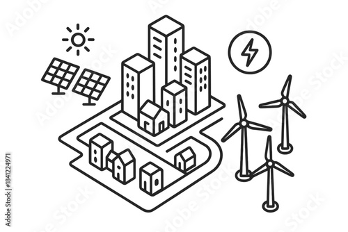 Isometric smart city concept featuring renewable energy sources like solar panels and wind turbines
