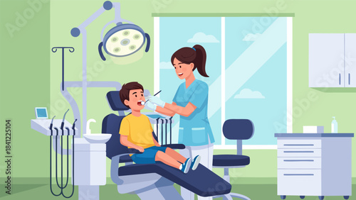 A young boy sits in a dental chair while a dentist examines his teeth with a dental tool.