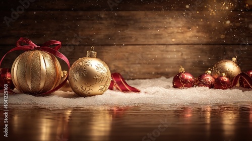 Luxury Christmas background with golden ornaments, red baubles and ribbon on snowy wooden surface