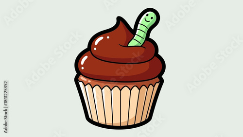 Cartoon Cupcake with Chocolate Frosting and a Green Worm.