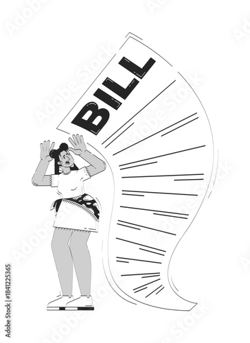Latino woman afraid of huge bill doodle line illustration concept. High expenses. Overwhelming cost of living. Struggling to pay 2D outline character isolated. Hand drawn ink metaphor monochrome