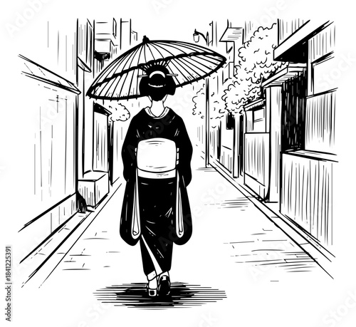 Rear view of Japanese geisha woman in kimono walking on street with umbrella Vector black and white sketch of traditional Asian culture