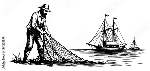 Fisherman pulling net on shore with sailing ships in background Vector black and white sketch illustration of nautical worker and vintage boats
