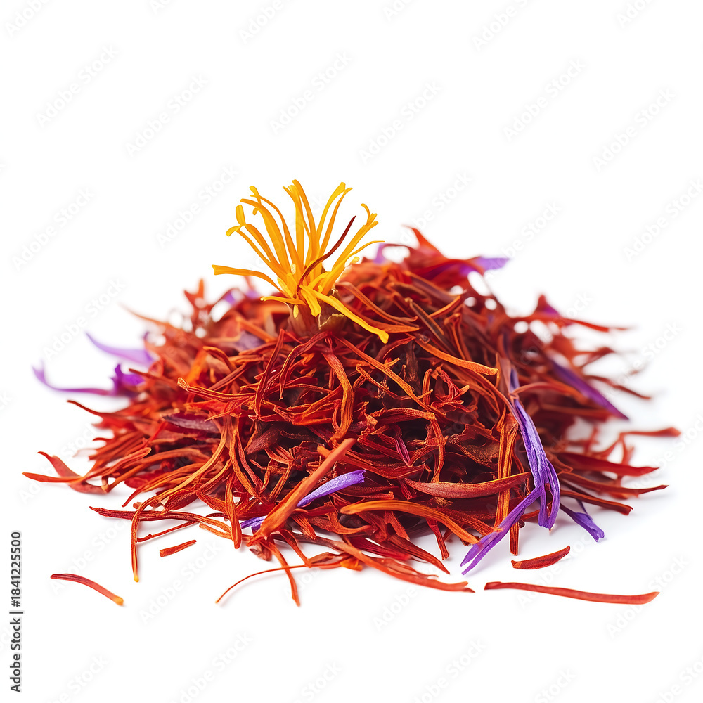 Obraz premium Saffron Threads Isolated on White Background 하얀 배경에 분리된 사프란 실 가닥
