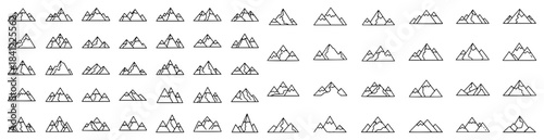 Big set of mountain icons and pictograms Vector line art collection of simple geometric mountain peaks and ranges for logo design