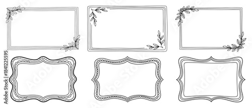 Set of hand drawn rectangular frames with floral elements Vector black and white illustration of vintage borders for text and invitations