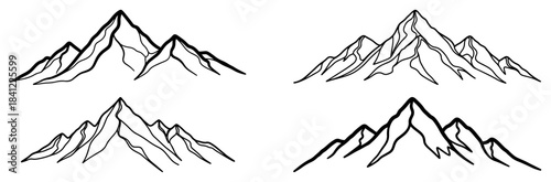 Set of mountain range sketches Vector black and white illustration of rocky peaks and snowy landscape for outdoor adventure