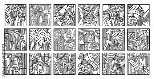 Abstract Geometric Tile Set Vector Collection of Square Line Art Patterns and Organic Textures