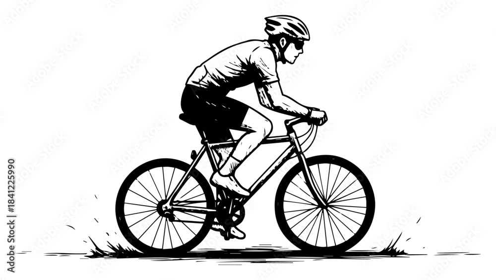 Obraz premium Male cyclist riding road bike fast side view Vector black and white sketch illustration of sportsman training with motion effects