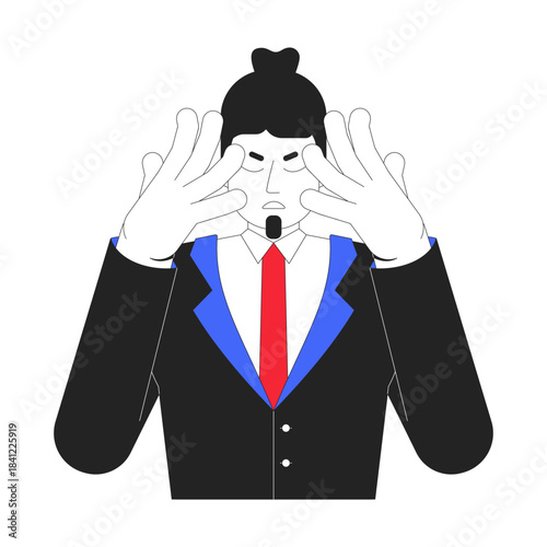 Businessman holding hands near face in concentrated pose 2D cartoon character. Mental focus. Deep thinking. Stressed manager breathing flat vector person isolated on white. Spot illustration colorful