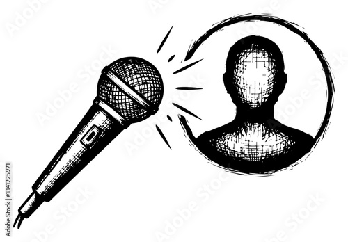 Microphone and Human Head Silhouette Vector Sketch for Podcast Interview and Voice Recognition Design