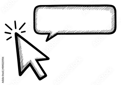 Hand drawn sketch of computer mouse cursor arrow clicking on blank speech bubble Vector black and white illustration of website interface interaction element