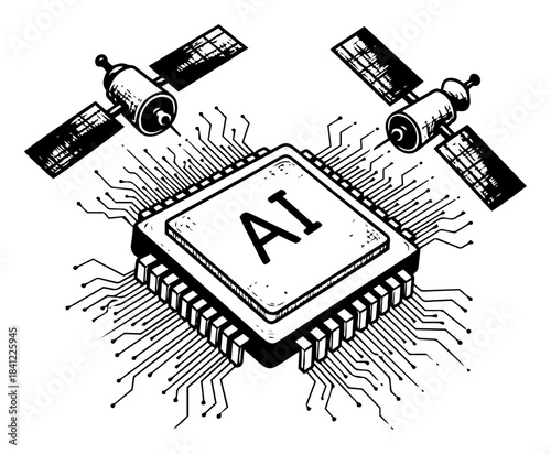 Artificial intelligence chip vector illustration with satellites and computer processor sketch