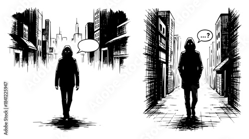Mysterious Hooded Figure Walking in City Street Vector Sketch Noir Urban Illustration with Speech Bubble