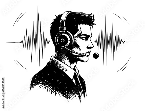 Customer service agent man wearing headset with microphone side profile vector illustration in vintage sketch style with sound waves background