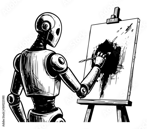 Robot artist painting on canvas vector illustration of humanoid machine creating art representing generative ai