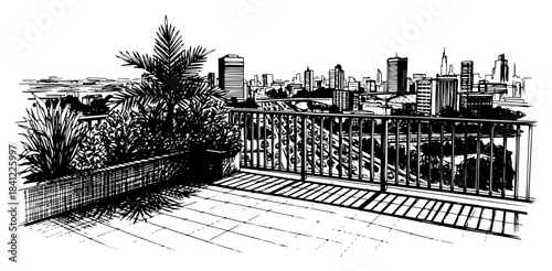 View from balcony terrace overlooking city skyline Vector black and white sketch illustration of urban landscape with palm trees and skyscrapers