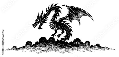 Mythical fantasy dragon with wings sitting on rocks Vector black and white sketch illustration of medieval monster in vintage style