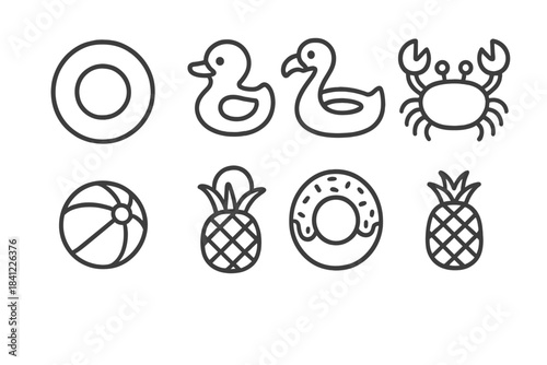 Summer beach and pool floating objects: rubber duck, swan, donut, life buoy, crab, beach ball, and pineapple fruit