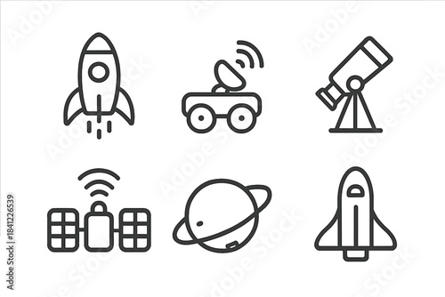 Outline icons depicting space exploration, astronomy, rockets, satellites, and planets