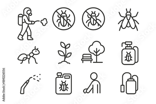 Outline graphic elements for professional pest control, insecticide spraying, and garden maintenance