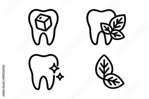 Dental health and oral hygiene symbols featuring teeth, sugar, mint, and freshness
