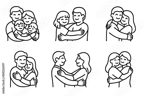 Minimalist line art icons of relationship hugs and family embraces
