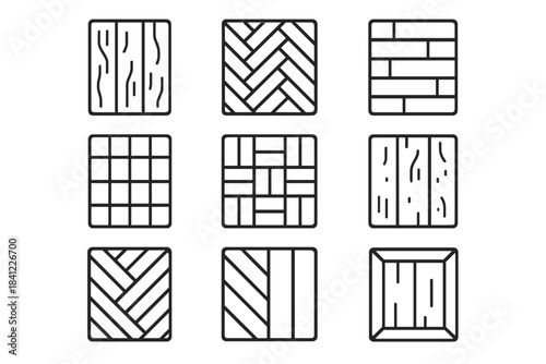 Set of various wooden floor patterns including plank, herringbone, and basket weave designs